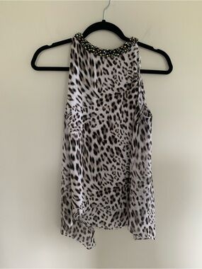 Beaded Neck Leopard Print Top - White/Black